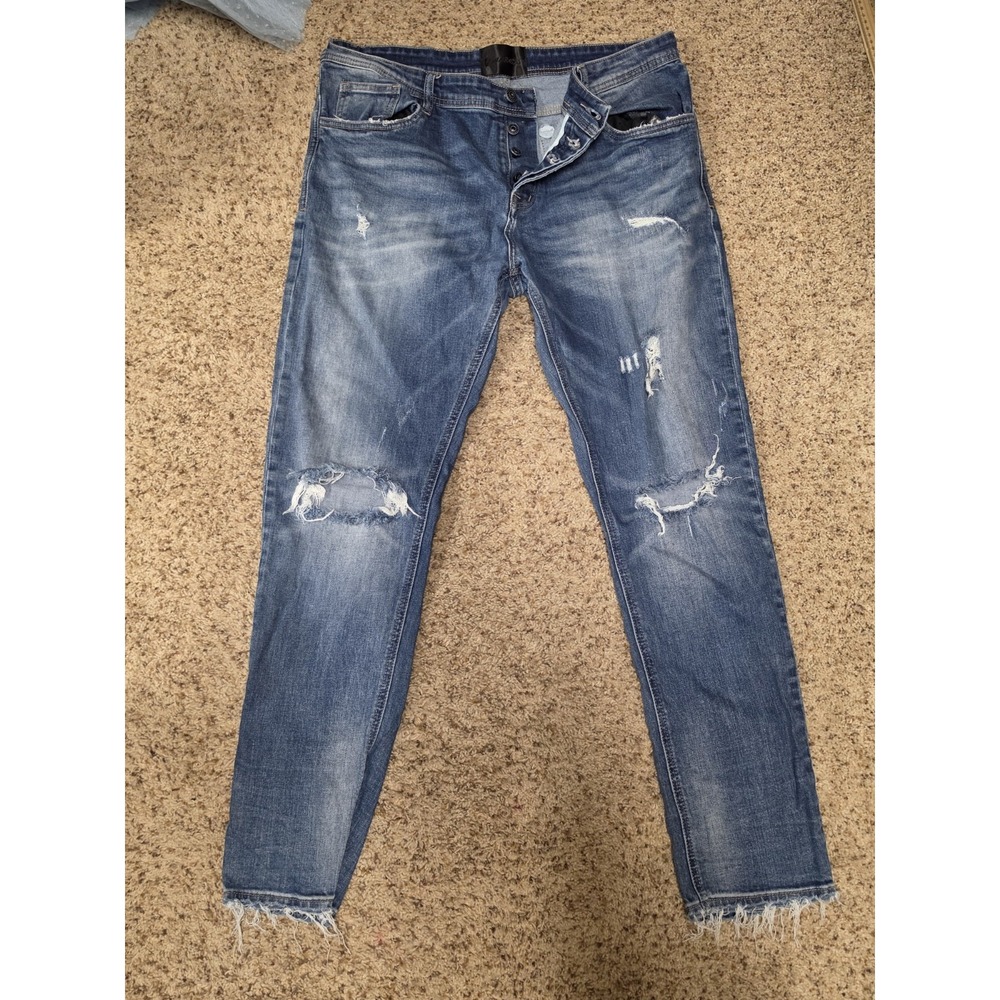 Valabasas Jeans Mens 36x32 Button Fly Blue Distressed Tapered Leg Raw Hem Denim